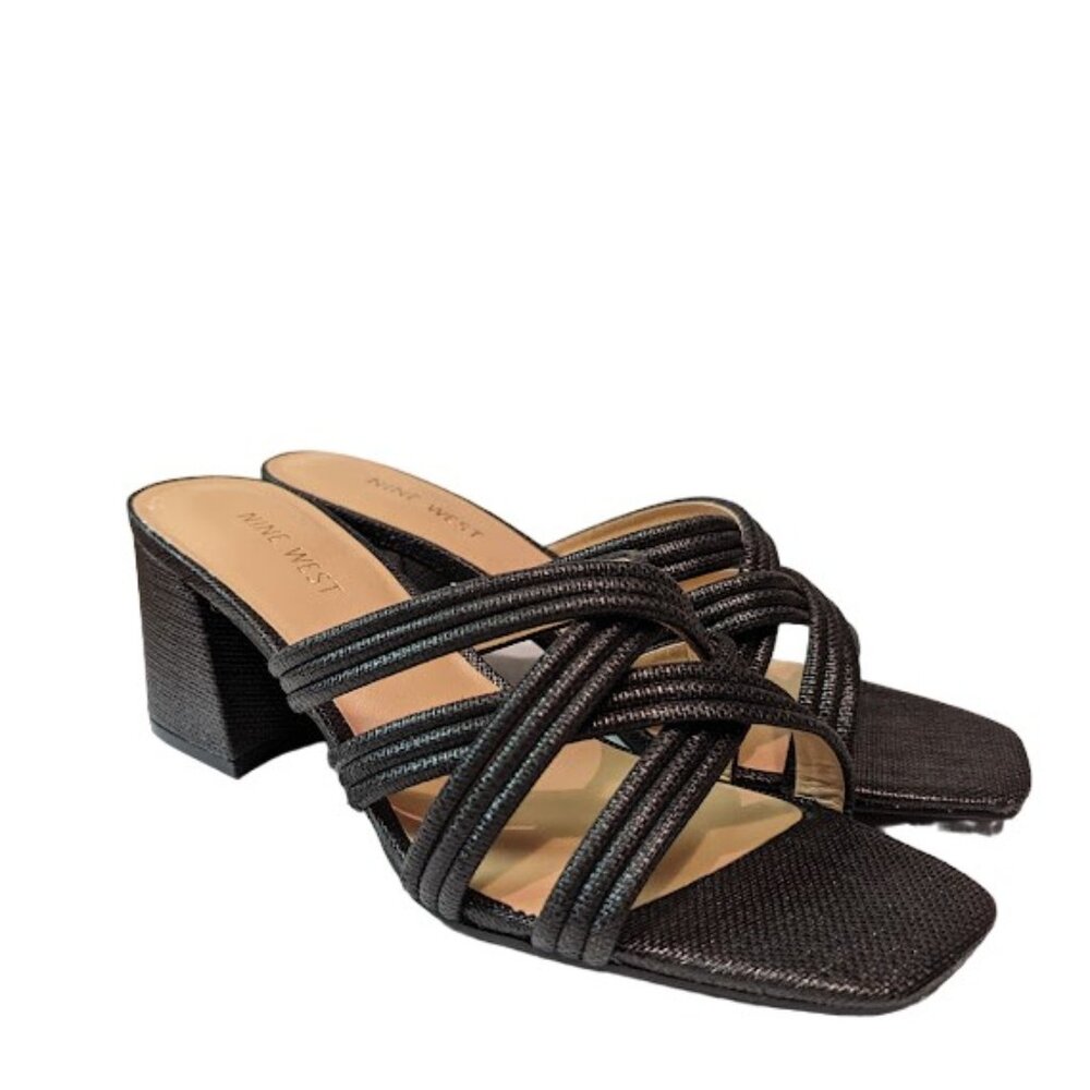 Nine West Black Block Heel Woven Crisscross Strap Slide Sandal Size 9 New w/oBox